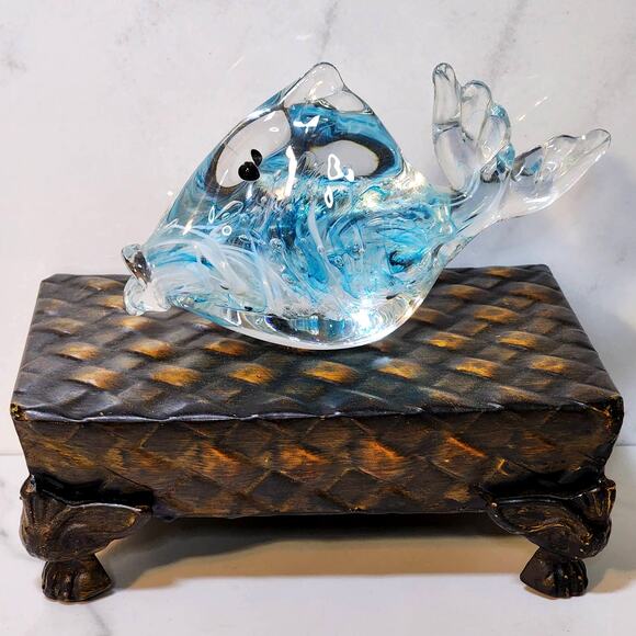 Clear Glass Fish Figurine with Blue Ribbon Swirls Bubbles - Ocean-Inspired Decor - Picture 2 of 8